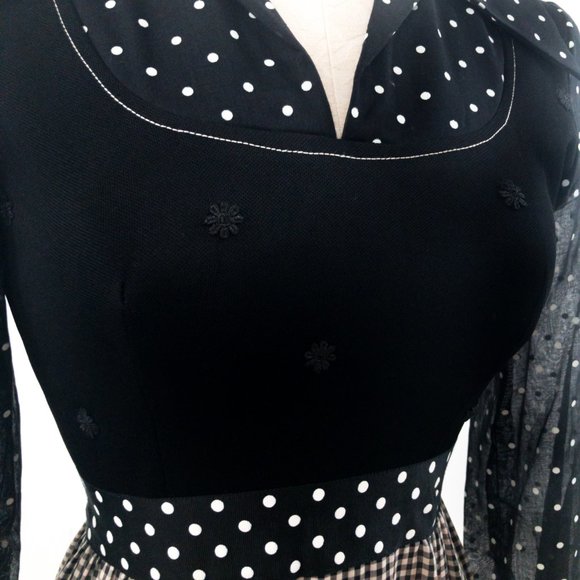 SOLD Vintage 70s S Prairie Check Print Maxi Dress Black - Picture 3 of 10